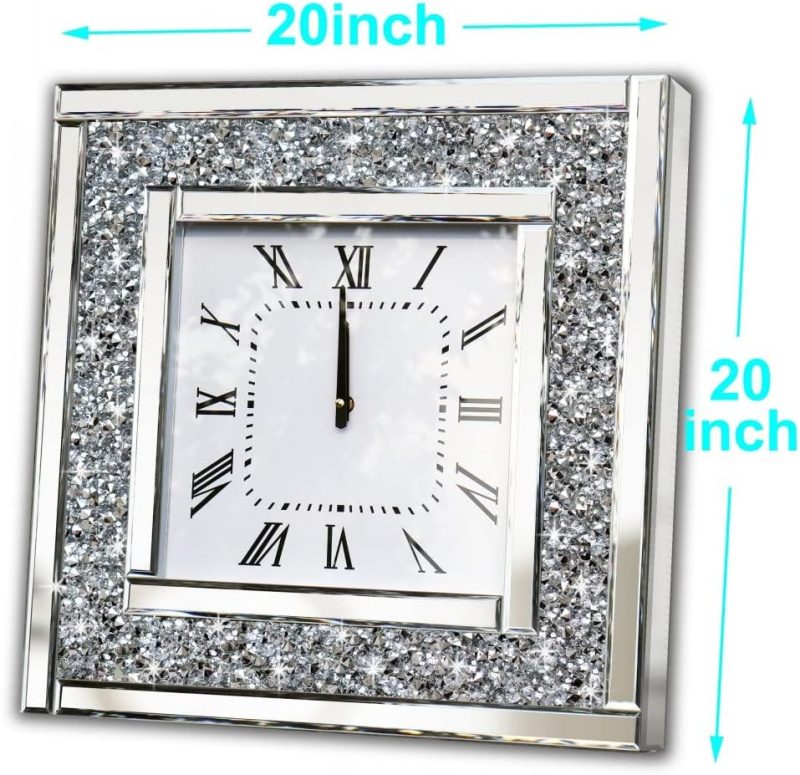 DMDFIRST Silver Square Mirror Clock 20x20inches Crystal Sparkle Twinkle Bling Crushed Diamond Mirrored Large Wall Clock for Wall Decoration Silver Glass Mirror Home Décor. AA...
