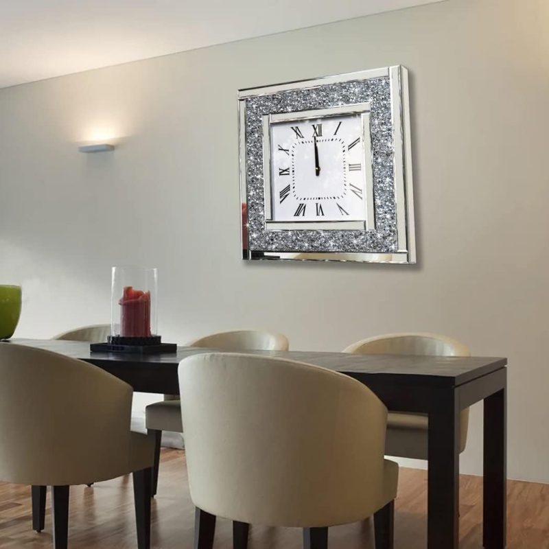DMDFIRST Silver Square Mirror Clock 20x20inches Crystal Sparkle Twinkle Bling Crushed Diamond Mirrored Large Wall Clock for Wall Decoration Silver Glass Mirror Home Décor. AA...