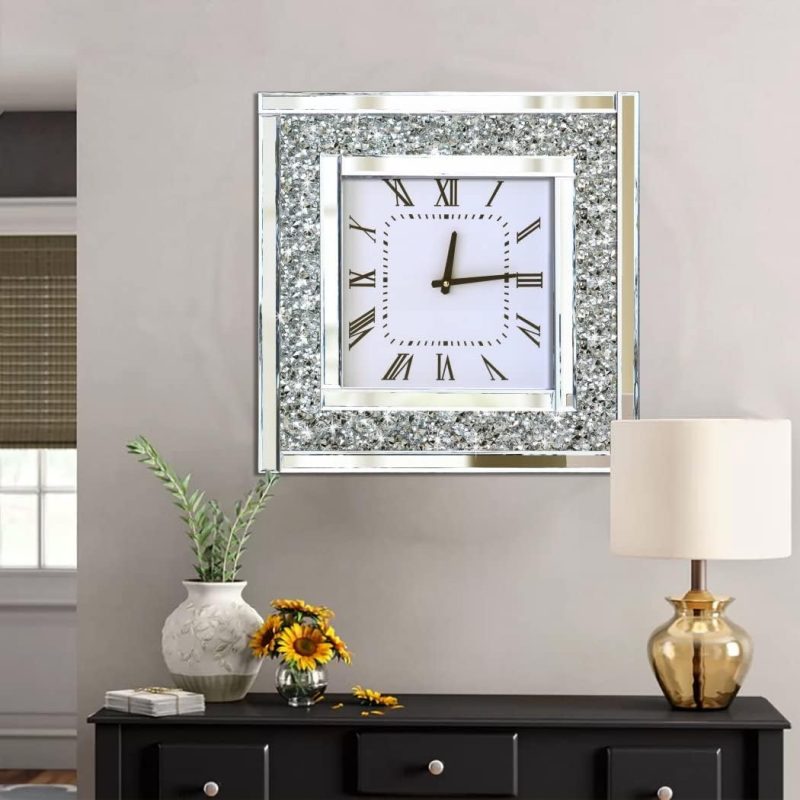DMDFIRST Silver Square Mirror Clock 20x20inches Crystal Sparkle Twinkle Bling Crushed Diamond Mirrored Large Wall Clock for Wall Decoration Silver Glass Mirror Home Décor. AA...