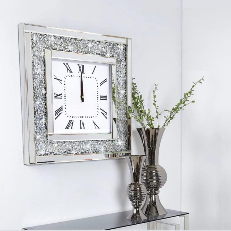 DMDFIRST Silver Square Mirror Clock 20x20inches Crystal Sparkle Twinkle Bling Crushed Diamond Mirrored Large Wall Clock for Wall Decoration Silver Glass Mirror Home Décor. AA...