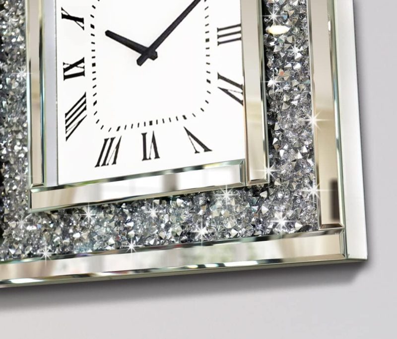 DMDFIRST Silver Square Mirror Clock 20x20inches Crystal Sparkle Twinkle Bling Crushed Diamond Mirrored Large Wall Clock for Wall Decoration Silver Glass Mirror Home Décor. AA...