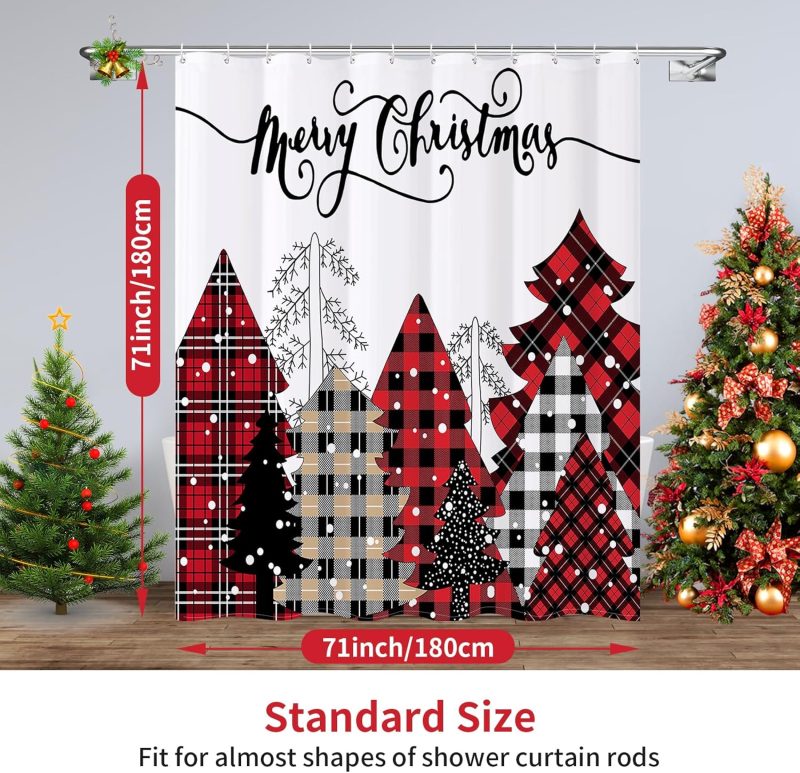 REZAYMRS Merry Christmas Red Tree Shower Curtain with 12 Hooks, 72''x72'' Waterproof Polyester Fabric Machine Washable, Quick Dry, Weighted Hem Shower Curtains for Bathroom Wall...