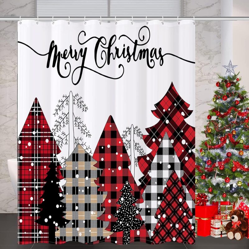 REZAYMRS Merry Christmas Red Tree Shower Curtain with 12 Hooks, 72''x72'' Waterproof Polyester Fabric Machine Washable, Quick Dry, Weighted Hem Shower Curtains for Bathroom Wall...
