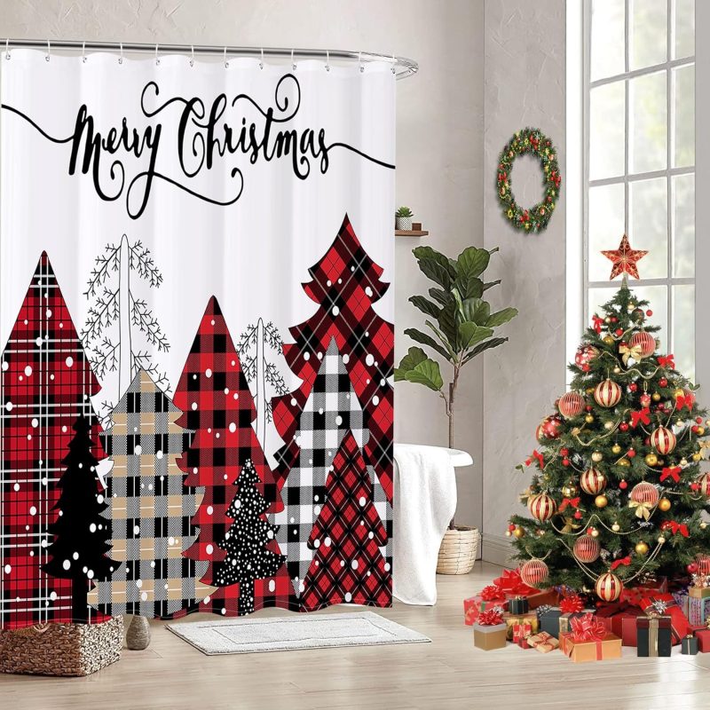 REZAYMRS Merry Christmas Red Tree Shower Curtain with 12 Hooks, 72''x72'' Waterproof Polyester Fabric Machine Washable, Quick Dry, Weighted Hem Shower Curtains for Bathroom Wall...