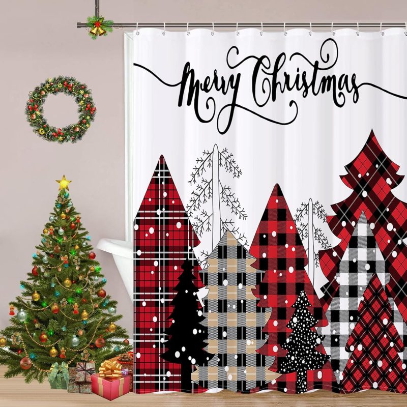 REZAYMRS Merry Christmas Red Tree Shower Curtain with 12 Hooks, 72''x72'' Waterproof Polyester Fabric Machine Washable, Quick Dry, Weighted Hem Shower Curtains for Bathroom Wall...