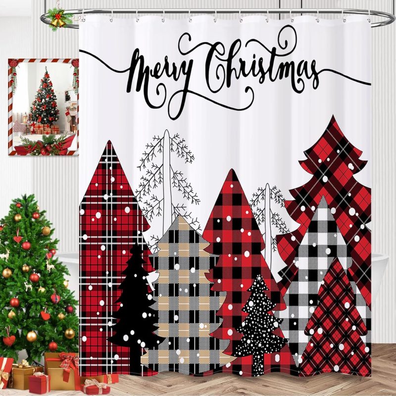 REZAYMRS Merry Christmas Red Tree Shower Curtain with 12 Hooks, 72''x72'' Waterproof Polyester Fabric Machine Washable, Quick Dry, Weighted Hem Shower Curtains for Bathroom Wall...
