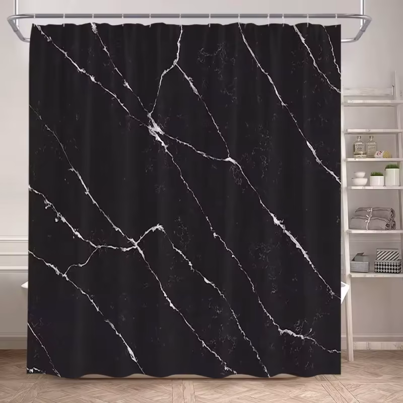 Rideau de douche marbré noir avec lignes blanches