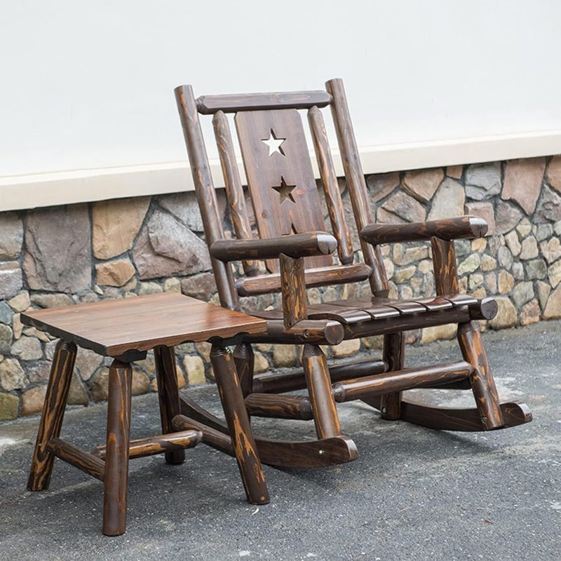 Fauteuil à bascule rustique d'intérieur et de jardin inclinable, en bois antique, pour balcon, cour, terrasse, pelouse, 69 cm de large, supporte 115 kg, marron