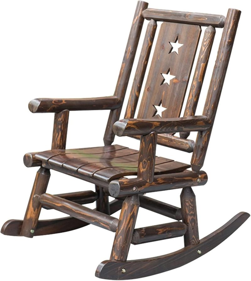 Fauteuil à bascule rustique d'intérieur et de jardin inclinable, en bois antique, pour balcon, cour, terrasse, pelouse, 69 cm de large, supporte 115 kg, marron