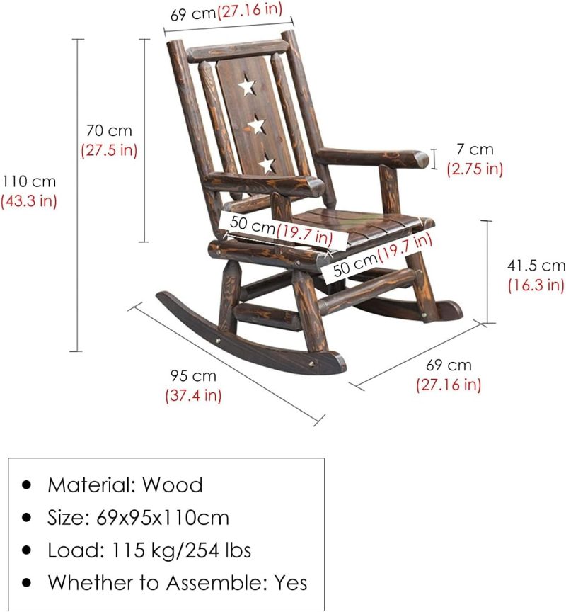 Fauteuil à bascule rustique d'intérieur et de jardin inclinable, en bois antique, pour balcon, cour, terrasse, pelouse, 69 cm de large, supporte 115 kg, marron