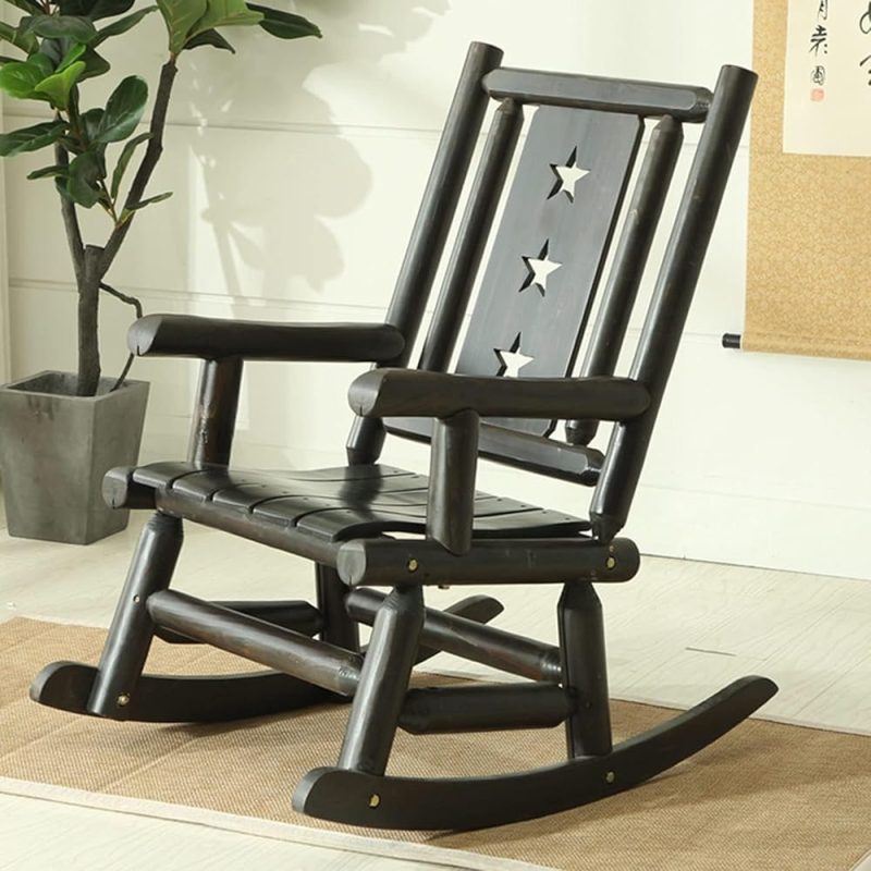 Fauteuil à bascule rustique d'intérieur et de jardin inclinable, en bois antique, pour balcon, cour, terrasse, pelouse, 69 cm de large, supporte 115 kg, marron