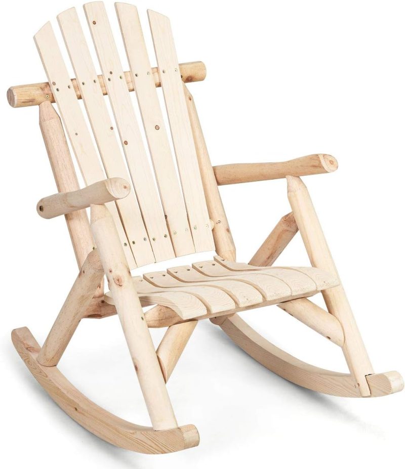 Giantex Chaise à bascule en bois pour porche et patio à bascule pour terrasse, balcon, jardin, piscine, jardin - Meuble rustique à bascule simple - Naturel (1)