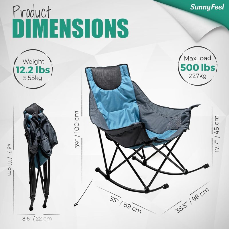 Sunnyfeel Chaise à bascule pour adultes, chaise de camping rembourrée inclinable surdimensionnée, chaise de pelouse d'extérieur (bleu)