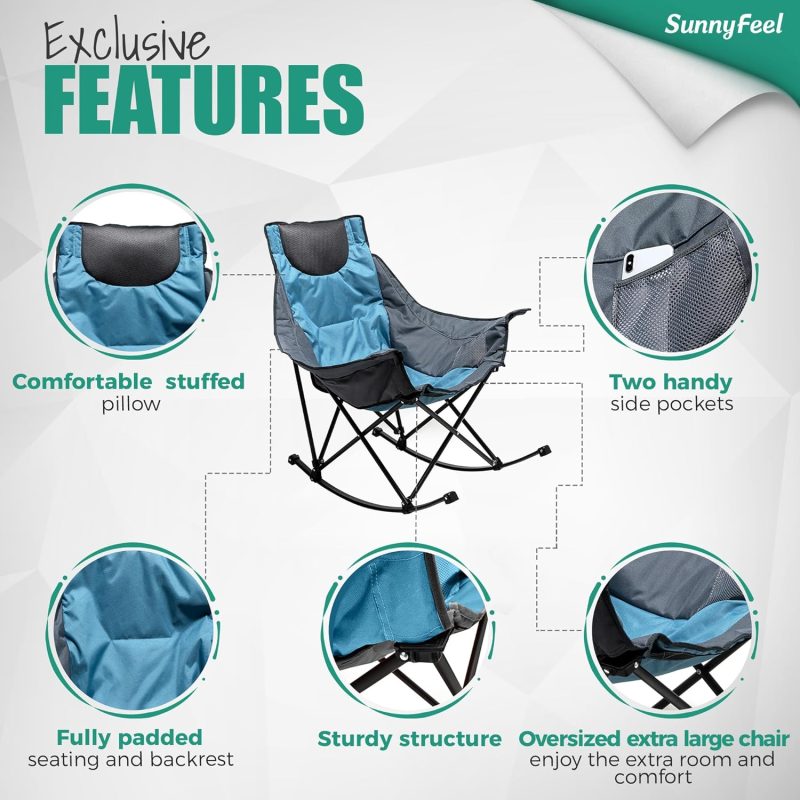 Sunnyfeel Chaise à bascule pour adultes, chaise de camping rembourrée inclinable surdimensionnée, chaise de pelouse d'extérieur (bleu)
