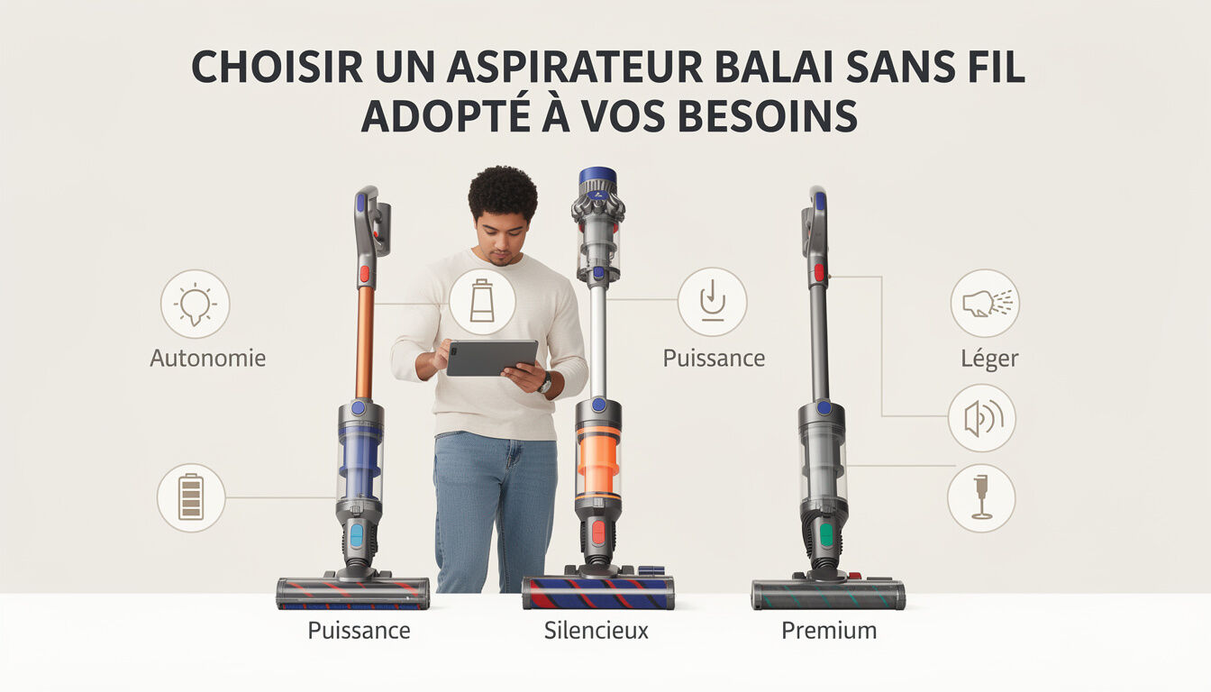 Découvrez nos conseils pratiques pour choisir l'aspirateur balai idéal adapté à vos besoins, en fonction de l'efficacité, l'autonomie et le budget.